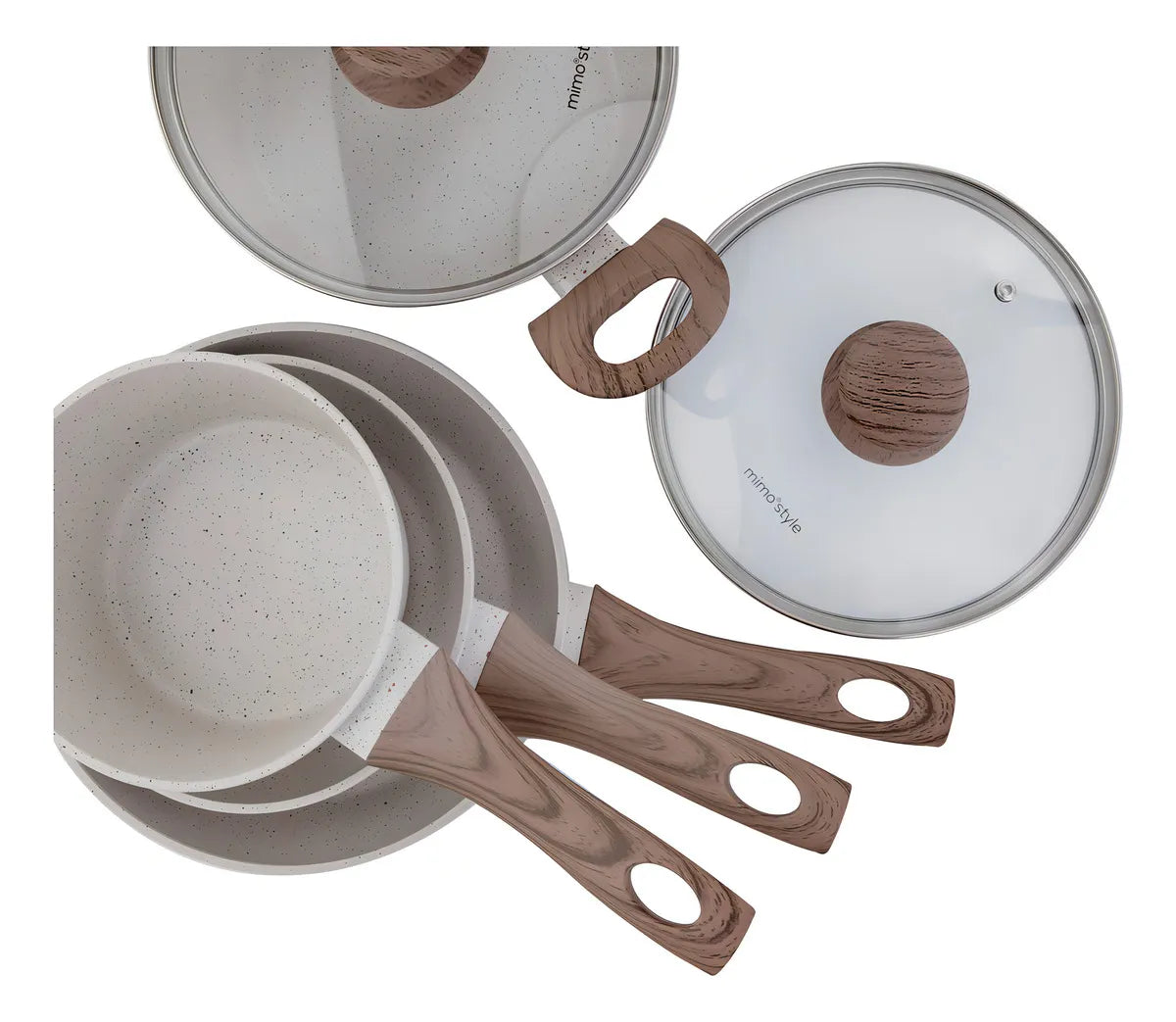 Jogo de panelas de cozinha Mimo Style Cook Fundo de Tripla Indução com 10 peças de alumínio marmol vanila