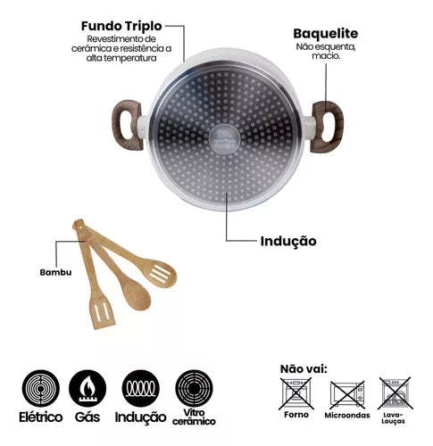 Jogo de panelas de cozinha Mimo Style Cook Fundo de Tripla Indução com 10 peças de alumínio marmol vanila