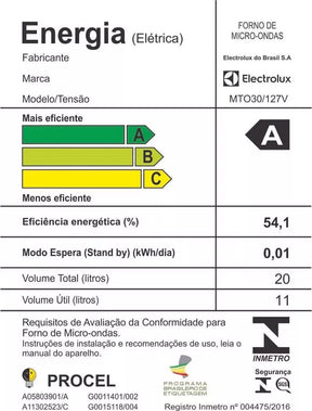Micro-ondas MTO30 20L Com Função Tira Odor e Descongelar Cor Branco Electrolux