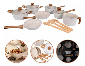 Jogo de panelas de cozinha Mimo Style Cook Fundo de Tripla Indução com 10 peças de alumínio marmol vanila