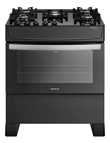 Fogão de Pé Atlas Atenas Glass 5 Queimadores A Gás com Mesa de Vidro Preto 110V/220V